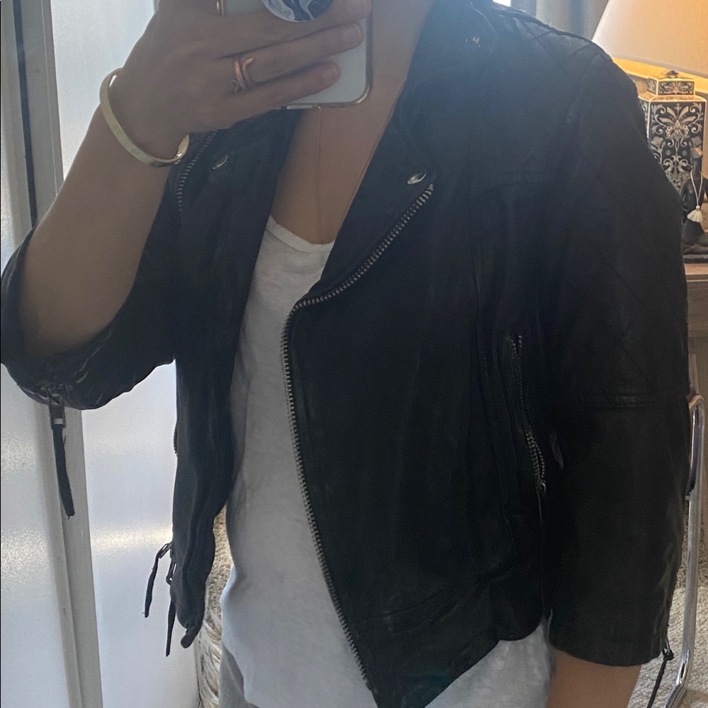 All Saints Worley Cropped 3/4 Sleeve Moto Leather Jacket - Picture 12 of 16